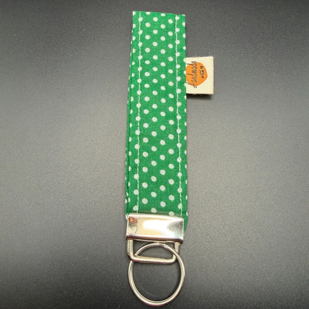 Handmade Green Polka Dot Wristlet Keychain | Fabric Key Fob Strap Holder for Key
